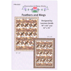 May include: A pattern sheet for a quilt design titled "Feathers and Rings" by Laureen Smith. The design features two quilt sizes: 46" x 66" and 53" x 76". The quilts have a brown and tan color scheme with star and geometric patterns.
