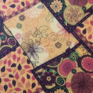 May include: A colorful, patterned design featuring floral and leaf motifs in a patchwork style. The design incorporates shades of orange, purple, green, and cream, with intricate details and a vintage aesthetic. The overall theme is decorative.