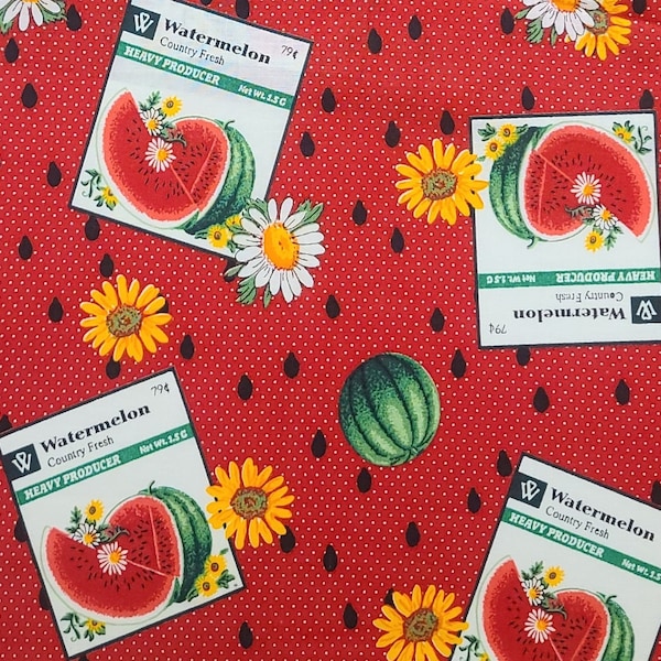 Springs Industries - Red and White Pindot Fabric / Watermelons, Daisies, Watermelon Seeds and Seed Packets