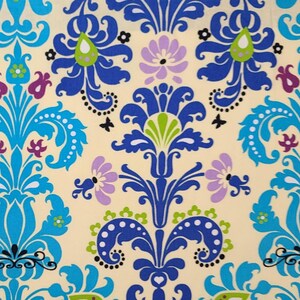 Enchanted Damask Turquoise C901 2010 Ellen Medlock - Pale Yellow Fabric / Turquoise, Royal Blue, Lavender, Bright Green Modern Damask Print