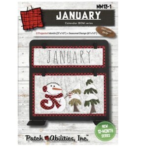 May include: A black and red January calendar with a snowman and trees design. The calendar features the word "JANUARY" at the top and includes the text "Calendar BOM series" and "NEW 12-MONTH SERIES".