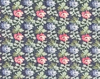 Dark Blue Fabric / Pink and Blue Flowers / Leaf Pattern