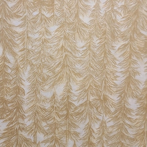 May include: A repeating pattern of stylized evergreen trees in a light brown color against a white background. The trees are drawn with thin lines, creating a textured, natural look. The design is suitable for fabric or wallpaper.
