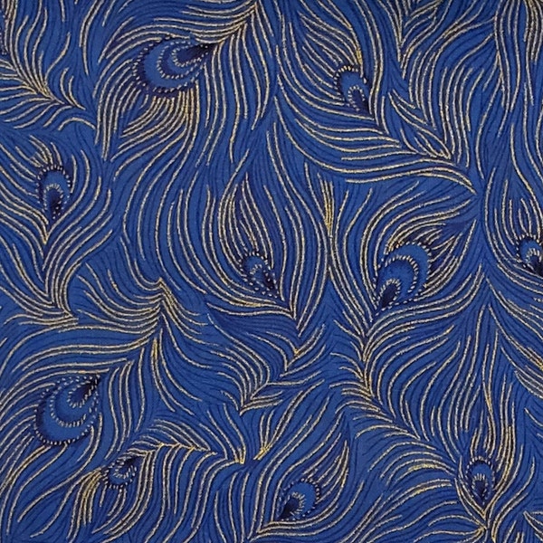 EOB - VIP Print Cranston Print Works Co - Medium Blue Fabric / Gold Metallic Peacock Feather Print