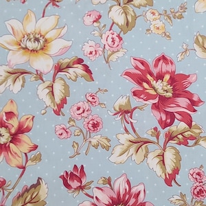 Reflections Stonehill Collection Donna Wilder Fabric Traditions 2013 - Aqua Fabric/White Dot Print / Pink, Cream, Magenta, Gold Flower Print