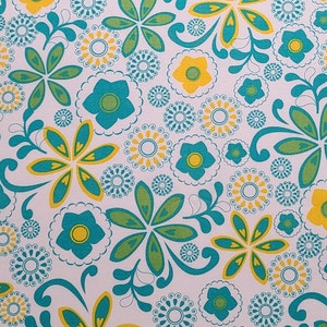 JoAnn Fabric - White Fabric / Teal, Green and Yellow Retro Flower and Medallion Print