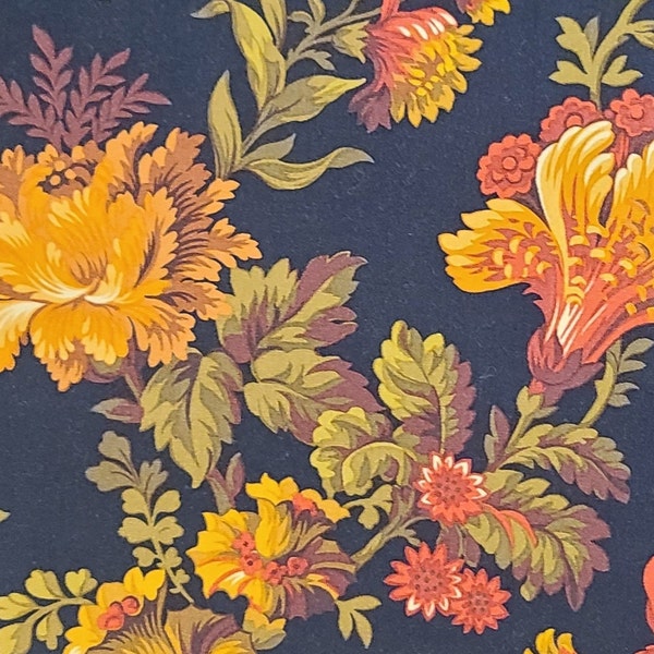 Winterthur Museum - Winterthur Toile Andover Fabrics Inc Patt 3949 - Black Fabric / Large Autumnal Colored Floral Print