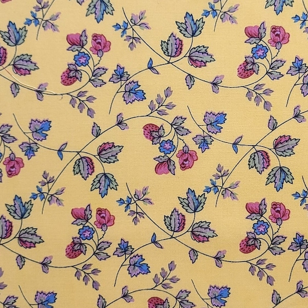 Promenade by Le Rouvray for Free Spirit - Antique French Reproduction Yellow Fabric / Blue, Lavender, Pink Flower Print / Midnight Blue Stem