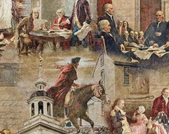 May include: A detailed illustration depicting historical figures and scenes, including men in period clothing, a horse-mounted rider, and a building with a clock tower. The artwork features an American flag and an eagle, with a muted color palette.