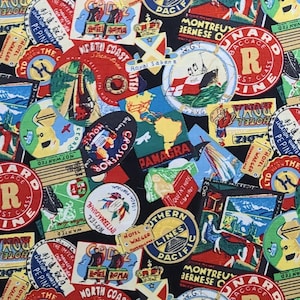 May include: A black background with a variety of colorful vintage travel stickers. The stickers feature text, images, and logos. Some of the text includes "Royal Sabena", "Panagra", "Southern Lines Pacific", "Montruey Bernese", "The C", "Hotel Roma", "North Coast", "Grosvenor", "Queen's Hotel", "Hotel Waeger", "The Imper", "Legation Quarters", "Pepin", "Not Wanted", "ARD", "ACCACE", "R", "1st Class", "Line", "ZIC", "DOMK", "CHOTE", "BOA-PORTUG", "LIS", "WOOVENI", "HOTELUTHERN", "LTD", "NARD", "ACCACE", "ANOT WANTED", "CFORM".