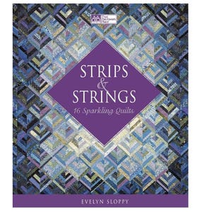 May include: Book cover with a purple background and the title "Strips & Strings 16 Sparkling Quilts" by Evelyn Sloppy. The cover features a quilt pattern made of blue, green, and purple fabric.