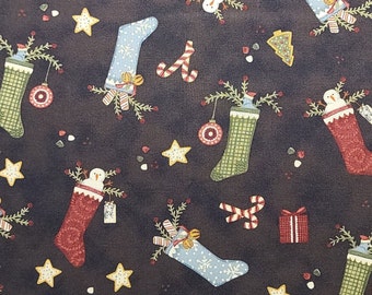 EOB - 1836 Signs of the Season Bonnie Sullivan Maywood Studio-Dark Brown Tonal Fabric/Red, Green, Light Blue, White Christmas Stocking Print