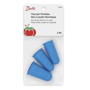 May include: Three blue silicone thermal thimbles in small, medium, and large sizes. The packaging says "Dritz Thermal Thimbles Dés à coudre thermique Size Small, Medium & Large Taille petite, moyenne et grande 82445 3 PC"