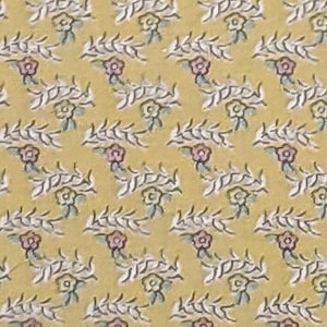 Vintage Yellow Fabric / Light Coral Flower Print / Soft Blue-Green Leaves / White and Black Accents - Selvage to Selvage Print