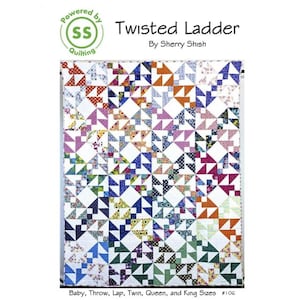 May include: A colorful quilt pattern titled "Twisted Ladder" by Sherry Shish. The quilt features a repeating geometric design of triangles in various colors, including blue, green, orange, and purple. The pattern is available in baby, throw, lap, twin, queen, and king sizes.