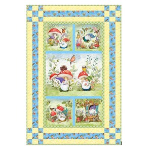 May include: A whimsical quilt featuring a patchwork design with a central panel showcasing charming illustrations of gnomes and mushrooms in a garden setting. The quilt has a yellow and blue border.