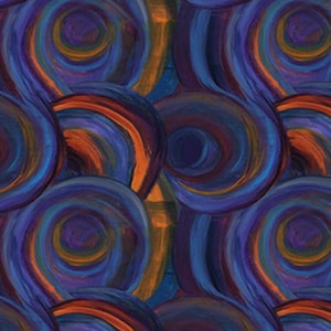 May include: Abstract painting with swirling circles in shades of blue, purple, orange, and brown.