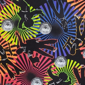 May include: A black and white repeating pattern of silhouettes of people dancing with disco balls on a background of colorful stripes.