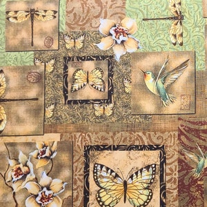 May include: A patchwork fabric design featuring a variety of butterflies, dragonflies, hummingbirds, and orchids in shades of brown, yellow, and green.
