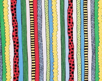 Cartoon-Style Striped Fabric with Red, Green, Yellow and Blue Stripes