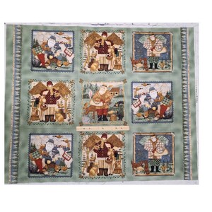 May include: A green fabric with a repeating pattern of nine squares. Each square features a different illustration of a person with animals in a winter setting. The illustrations are in a cartoon style and feature warm colors like red, brown, and yellow.
