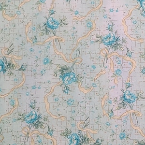 Peter Pan Fabrics-Seafoam Green and White Fabric/Gold Metallic Dot & Crosshatch / Yellow Ribbon/Gold Metallic Accents / Blue Floral Pattern