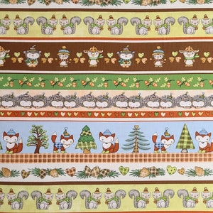 May include: A repeating pattern of woodland creatures, including squirrels, owls, hedgehogs, and foxes, on a brown, green, and blue striped background. The pattern is perfect for crafting and scrapbooking projects.
