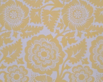 Heirloom Joel Dewberry for Free Spirit Westminster Fibers #JD48 Block Print Blossom - White Fabric / Golden Yellow Flower Blossom Print