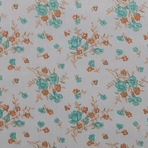 Soft White COTTON/LINEN BLEND Fabric / Aqua and Orange Scattered Bouquet Print - Selvage to Selvage Print