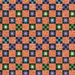 May include: A repeating pattern featuring a checkerboard design with alternating squares of orange, black, green, purple, and blue. The orange squares have a floral swirl design, and the other squares have star-shaped designs.