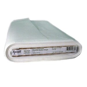 May include: A roll of white, nonwoven fusible interfacing fabric. The label reads "Bosal" and "All Purpose Fusible Nonwoven Medium Weight". The roll is 20 inches wide and 25 yards long, suitable for sewing and tailoring.
