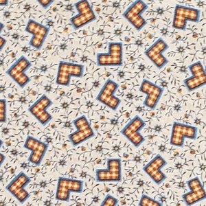Classic Cottons 1999 - Light Oatmeal Fabric/Tiny Slate Blue Flowers/&quot;L&quot; Shaped Orange &quot;Heart&quot;/Yellow Checked Pattern Outlined w/ Slate Blue