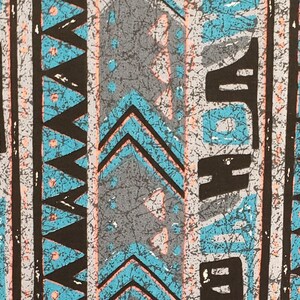 May include: Close-up of a fabric with a repeating pattern. The design features vertical stripes with geometric shapes in black, gray, and turquoise. The background has a speckled texture with hints of peach.