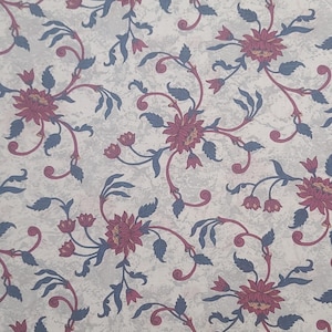 Jinny Beyer for Mr RJR Fashion Fabrics - White, Pale Gray Fabric / Dark Rose, Dark Teal Victoria-Style Flower Print