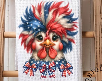 Patriotic Chicken Tea Towel, July 4th Farmhouse Kitchen Decor, Waffle Weave Flour Sack