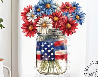 Patriotic Kitchen Towels, Americana Flower Vase, Red White Blue Tea Towels, Floral Tea Towels, USA American Decor, 4th Of July Hand Towel