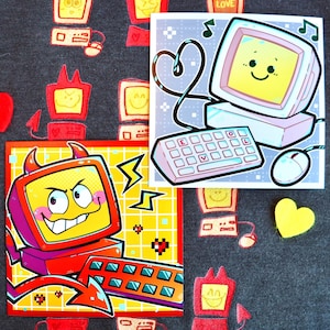 May include: Two colorful computer-themed illustrations. The first illustration features a pink computer with a yellow face and a keyboard. The second illustration features a red computer with horns and a yellow face. Both illustrations have a pixelated background.