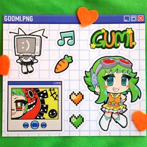 May include: A set of stickers featuring a cartoon character with green hair and a yellow outfit, a retro TV with a sad face, a carrot, a music note, and the word "GUMI" in a colourful font. The stickers are on a white background with a blue grid pattern.