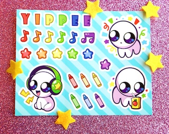 May include: A sheet of stickers featuring a cartoon character with different expressions. The stickers include a character with headphones, a character with a juice box, and a character with confetti. The sheet also includes stars, musical notes, and crayons.