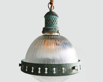 “Jules Verne” pendant light with blue patina – Small Format