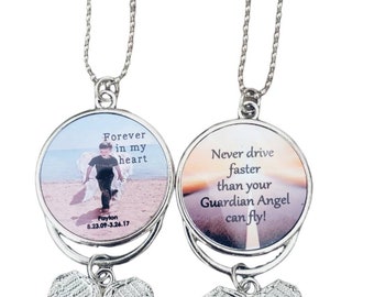 Car Charm - Photo Car Mirror Hanger - Rearview Mirror Hanger -New Driver Gift  Memorial Car Charm Never Drive Faster than your Angel Can Fly