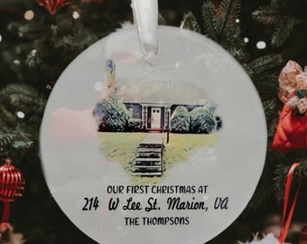 Benutzerdefinierte Aquarell New Home Ornament - unsere erste Weihnachtsadresse Ornament - personalisierte Glas Ornament - Housewarminggeschenk