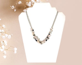 Pink Black Mix Stones Silver Necklace - ADAZZLE4U - Fashion Accessories - Valentine’s Day - Holiday Gift For Her.