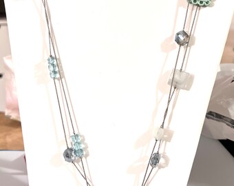 Mint Green Square Long Silver Necklace - ADAZZLE4U - Fashion Accessories- Holiday Gift For Her
