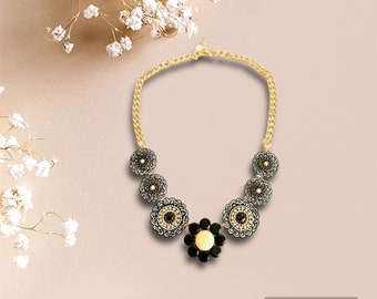 Black Beige Gold Flower Necklace - ADAZZLE4U - Fashion Jewely - Holiday Gift For Her