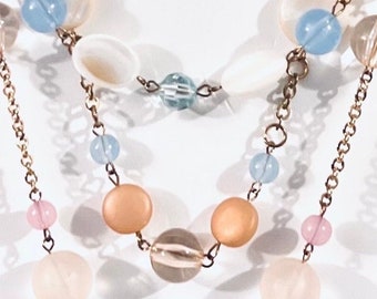 Peach Blue White Multi-Strand Gold Necklace - ADAZZLE4U - Fashion Accessories - Valentine’s Day - Gift for her.