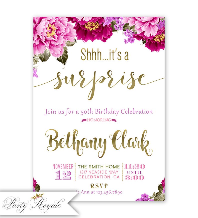 SURPRISE Party Invitations Jewel Toned Invite Pink Purple and Gold Surprise Birthday Party Invites Women/'s 50th Birthday or any age