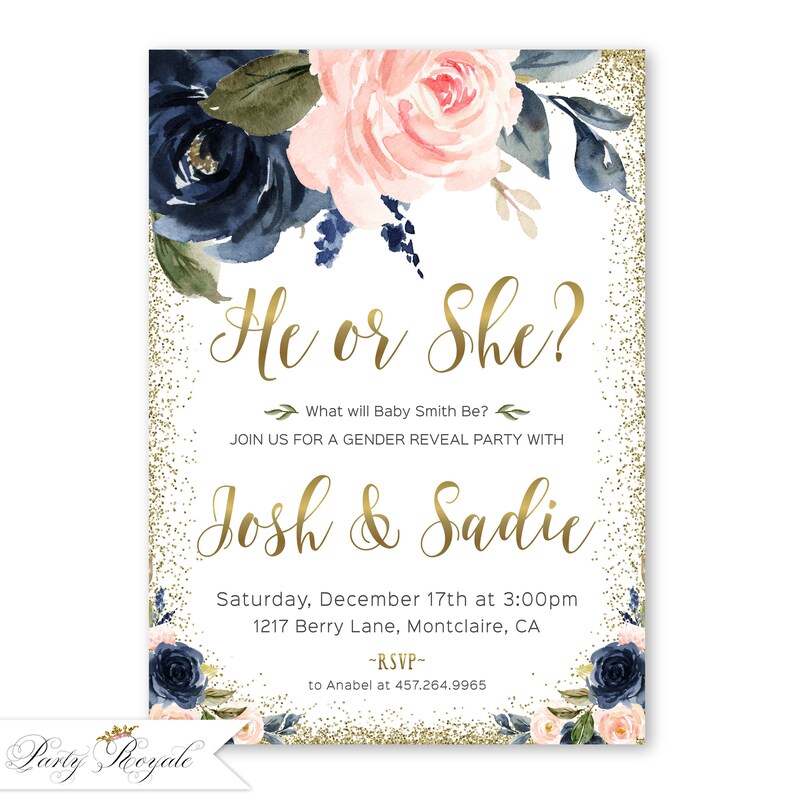 Floral gender reveal invitation navy blue and blush pink Etsy