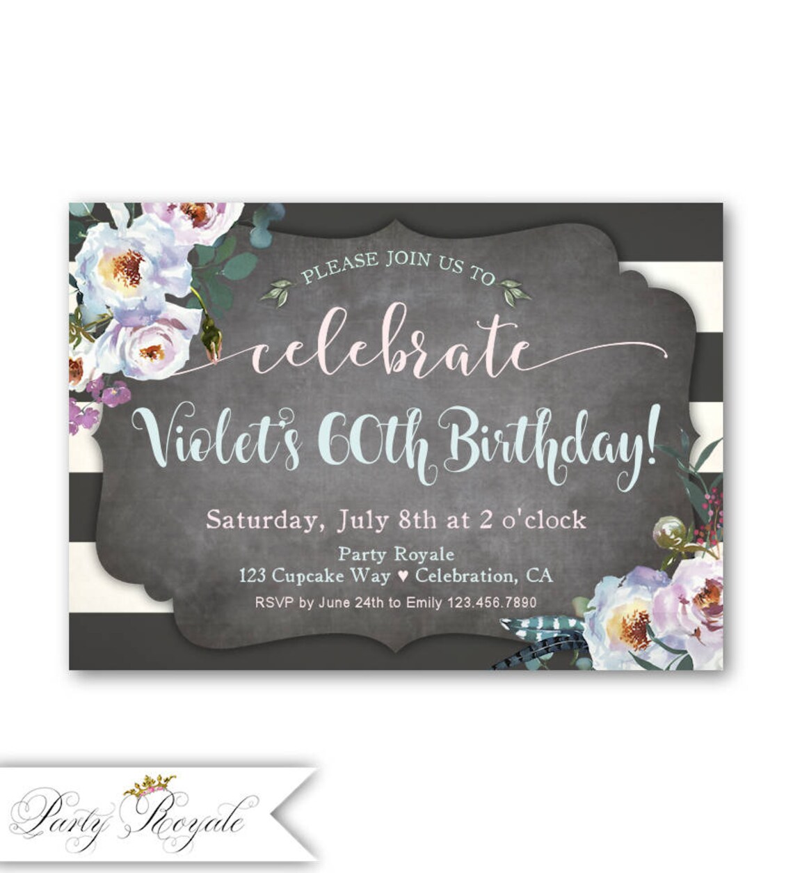 60th Birthday Invitation for Women Chalkboard Watercolor | Etsy