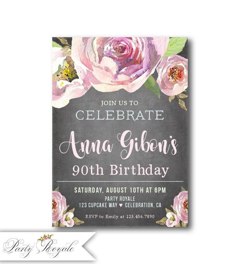Printed and Women\u0027s Printable Birthday, 90th woman, Pink, Birthday Vintage Pastel any or Florals, Chalkboard File 80th age Invitations, Birthday, Chalkboard 80th Printable any Pastel Invitations, or woman, Pink, age Vintage Florals, File Printed and 90th Women\u0027s Birthday